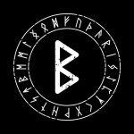 Laden Sie schwarzer quadratischer Hintergrund mit Rune Berkana in einem magischen Kreis koste...jpeg