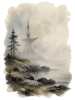 Misty coast and ship mast